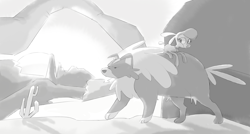 Size: 5544x2975 | Tagged: safe, artist:ktubosi83, big mama, pom (tfh), dog, sheep, them's fightin' herds, bell, black and white, cactus, carrying, collar, community related, grayscale, monochrome, sunset prairie