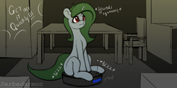 Size: 4096x2048 | Tagged: safe, alternate version, artist:darbedarmoc, oc, oc:minerva, pony, unicorn, chair, descriptive noise, ponies riding roombas, red eyes, roomba, solo, table, text, vacuum cleaner, wardrobe