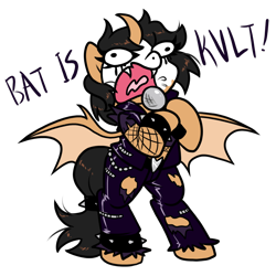 Size: 1000x1000 | Tagged: safe, artist:paperbagpony, oc, oc only, oc:the deafhorse, alicorn, bat pony, bat pony alicorn, pony, bat wings, bipedal, black metal, clothes, corpse paint, curved horn, fangs, horn, kvlt, microphone, open mouth, simple background, solo, spiked wristband, torn clothes, transparent background, wings, wristband