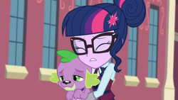 Size: 3410x1920 | Tagged: safe, screencap, sci-twi, spike, spike the regular dog, twilight sparkle, dog, equestria girls, g4, my little pony equestria girls: friendship games, canterlot high, duo, eyes closed, female, glasses, high res, hug, magic capture device, male, smiling