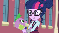 Size: 3410x1920 | Tagged: safe, screencap, sci-twi, spike, spike the regular dog, twilight sparkle, dog, equestria girls, g4, my little pony equestria girls: friendship games, bun hairstyle, canterlot high, clothes, crystal prep academy uniform, cute, duo, female, glasses, high res, magic capture device, male, school uniform, sci-twiabetes, smiling, spikabetes, twiabetes