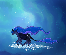 Size: 790x660 | Tagged: safe, artist:jroxs12pone, princess luna, alicorn, pony, g4, abstract background, dream realm, female, leonine tail, mare, running, solo, stars, tail, windswept mane
