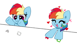 Size: 7178x3977 | Tagged: safe, artist:kittyrosie, rainbow dash, pegasus, pony, g4, blushing, chest fluff, cute, dashabetes, eyes closed, fourth wall, heart, kittyrosie is trying to murder us, meta, open mouth, simple background, solo, twitter, white background