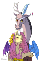 Size: 1786x2630 | Tagged: safe, artist:crappy, discord, fluttershy, draconequus, pegasus, pony, g4, blushing, duo, duo male and female, eyes closed, female, friendship, friendshipping, high res, hug, male, mare, signature, simple background, smiling, white background
