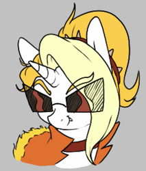 Size: 765x897 | Tagged: safe, artist:lockheart, oc, oc only, oc:dyx, alicorn, pony, bust, choker, clothes, female, filly, foal, gray background, jacket, pixelated, simple background, solo, sunglasses, upscaled