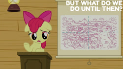 Size: 1280x720 | Tagged: safe, edit, edited screencap, editor:quoterific, screencap, apple bloom, earth pony, pony, g4, on your marks, season 6, apple bloom's bow, bow, clubhouse, crusaders clubhouse, female, filly, floppy ears, foal, hair bow, open mouth, solo, text