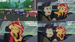Size: 1280x720 | Tagged: safe, edit, edited screencap, editor:quoterific, screencap, cranky doodle donkey, sunset shimmer, driving miss shimmer, driving miss shimmer: rarity, equestria girls, g4, my little pony equestria girls: better together, car, clipboard, clothes, crossed arms, cutie mark on clothes, driving, duo, eyes closed, female, geo metro, geode of empathy, jacket, jewelry, leather, leather jacket, magical geodes, male, necklace, open mouth, seatbelt, smiling, text