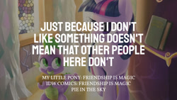 Size: 1280x720 | Tagged: safe, edit, editor:quoterific, idw, spike, twilight sparkle, alicorn, dragon, pony, g4, duo, female, male, mare, pie in the sky, text, twilight sparkle (alicorn)