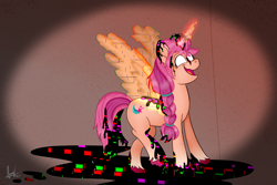 Size: 2880x1920 | Tagged: safe, alternate version, artist:habiepon3, sunny starscout, alicorn, pony, g5, my little pony: a new generation, alicornified, artificial horn, artificial wings, augmented, corrupted, dark magic, error, female, glitch, high res, horn, magic, magic horn, magic wings, mare, open mouth, pibby, race swap, simple background, smiling, solo, spread wings, sunnycorn, wings