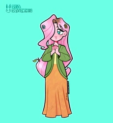 Size: 1440x1566 | Tagged: safe, artist:seasemissary, fluttershy, human, g4, clothes, dress, dyed hair, female, flower, flower in hair, hair over one eye, hands together, humanized, simple background, solo, teal background