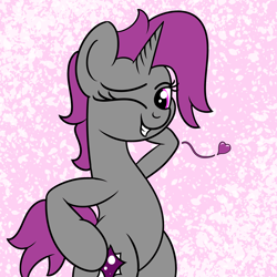 Size: 2000x2000 | Tagged: safe, artist:dafiltafish, oc, oc:stardust, pony, unicorn, abstract background, bipedal, female, floating heart, heart, high res, horn, looking at you, mare, one eye closed, pink background, pose, simple background, unicorn oc, wink