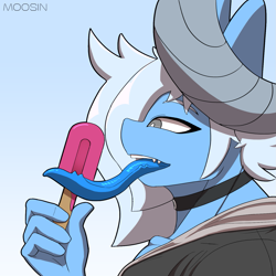 Size: 1457x1455 | Tagged: safe, artist:mopyr, oc, oc only, oc:moosin, original species, anthro, blue tongue, choker, clothes, femboy, food, horn, ice cream, licking, long tongue, male, solo, tongue out