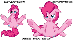 Size: 3164x1750 | Tagged: safe, artist:zeka10000, pinkie pie, earth pony, pony, g4, balloonbutt, belly, both cutie marks, butt, comparison, dock, draw this again, featureless crotch, female, floppy ears, looking at you, plot, presenting, redraw, simple background, sitting, solo, spreading, tail, transparent background, vector