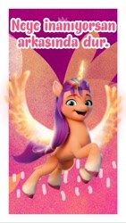 Size: 828x1472 | Tagged: safe, sunny starscout, alicorn, earth pony, pony, g5, my little pony: a new generation, official, 2d, 3d, confident, facebook, facebook story, flying, friendly, glowing, glowing horn, glowing wings, horn, looking at you, mane stripe sunny, multicolored hair, open mouth, open smile, orange background, pink background, proud, race swap, raised hooves, simple background, smiling, smiling at you, social media, sunnycorn, translated in the description, turkey (country), turkish, wings, writing
