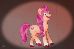 Size: 2880x1920 | Tagged: safe, alternate version, artist:habiepon3, sunny starscout, earth pony, pony, g5, my little pony: a new generation, creepy, creepy smile, female, high res, looking at you, mare, open mouth, simple background, smiling, solo