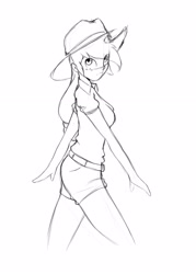 Size: 2952x4133 | Tagged: safe, artist:vesmirart, applejack, human, g4, clothes, female, hat, humanized, lineart, monochrome, shorts, simple background, solo, white background