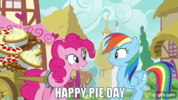 Size: 640x360 | Tagged: safe, edit, edited screencap, editor:quoterific, screencap, pinkie pie, rainbow dash, earth pony, pegasus, pony, season 7, secrets and pies, animated, duo, female, flying, food, gif, gifs.com, impact font, mare, open mouth, open smile, pi day, pie, shrunken pupils, smiling, spread wings, text, wagon, wings