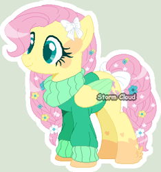 Size: 360x385 | Tagged: safe, artist:stormcloud-yt, fluttershy, pegasus, pony, g4, base used, clothes, female, flower, flower in hair, mare, redesign, simple background, solo, sweater