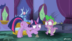 Size: 640x360 | Tagged: safe, screencap, spike, twilight sparkle, alicorn, dragon, pony, g4, molt down, season 8, animated, duo, duo male and female, eyes closed, female, fire, fire breath, fire extinguisher, gif, gifs.com, magic, male, mare, open mouth, spread wings, telekinesis, twilight sparkle (alicorn), twilight's castle, wings