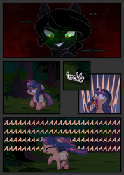 Size: 2894x4093 | Tagged: safe, artist:stormcloud-yt, oc, oc only, pony, unicorn, bag, base used, comic, evil grin, female, filly, foal, grin, horn, offspring, open mouth, outdoors, parent:flash sentry, parent:twilight sparkle, parents:flashlight, running, saddle bag, scared, smiling, smirk, unicorn oc
