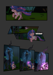 Size: 2894x4093 | Tagged: safe, artist:stormcloud-yt, queen chrysalis, oc, changeling, changeling queen, pony, unicorn, g4, bag, base used, comic, female, filly, foal, forest, horn, looking back, offspring, outdoors, parent:flash sentry, parent:twilight sparkle, parents:flashlight, running, saddle bag, unicorn oc