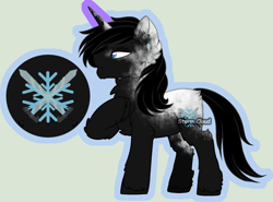Size: 1794x1327 | Tagged: safe, artist:stormcloud-yt, oc, oc only, oc:dark snow, pony, unicorn, broken english, chest fluff, ear fluff, glowing, glowing horn, horn, male, raised hoof, simple background, solo, stallion, unicorn oc