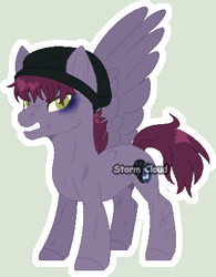 Size: 340x437 | Tagged: safe, artist:stormcloud-yt, oc, oc only, oc:dickon, pegasus, pony, adopted offspring, angry, beanie, broken english, bruised, hat, male, parent:cheerilee, pegasus oc, simple background, stallion, wings