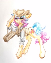 Size: 2698x3342 | Tagged: safe, oc, oc only, oc:cunben_mapleleaf, pony, bag, clothes, cowboy hat, eyes closed, hat, high res, hoof fluff, multicolored mane, multicolored tail, necktie, pencil drawing, salute, shirt, smiling, tail, traditional art, vest