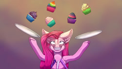 Size: 1024x576 | Tagged: safe, artist:maneblue, pinkie pie, earth pony, pony, fanfic:cupcakes, g4, abstract background, bust, cupcake, ear fluff, female, food, grin, horse meat, implied fluttershy, implied rainbow dash, implied rarity, implied twilight sparkle, insanity, looking up, mare, meat, pinkamena diane pie, rainbow cupcake, smiling, solo