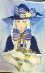 Size: 1348x2160 | Tagged: safe, artist:miioko, oc, oc only, human, bust, clothes, female, hat, humanized, traditional art, witch hat