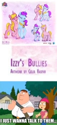 Size: 500x1084 | Tagged: safe, izzy moonbow, pony, unicorn, g5, my little pony: a new generation, bully, family guy, gun, i just wanna talk to them, male, meg griffin, meme, peter griffin, shotgun, weapon