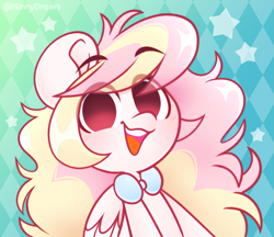 Size: 2791x2416 | Tagged: safe, artist:ninnydraws, oc, oc only, oc:ninny, pegasus, pony, bowtie, bust, eyebrows, female, high res, looking at you, mare, simple background, smiling, solo