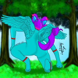 Size: 1080x1080 | Tagged: safe, oc, oc only, oc:maconha turquesa, anthro, unguligrade anthro, anthro oc, ass, butt, grass, rear view, signature, solo, spread wings, tail, tree, underhoof, wings