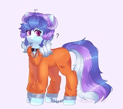 Size: 1484x1320 | Tagged: safe, artist:arllistar, oc, oc only, pony, clothes, collar, cuffed, cuffs, horns, prison outfit, prisoner, question mark, shackles, simple background, solo