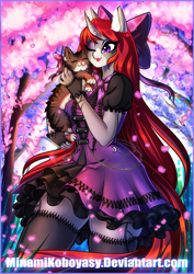 Size: 2893x4092 | Tagged: safe, artist:minamikoboyasy, oc, oc only, oc:selune darkeye, cat, unicorn, anthro, plantigrade anthro, :3, anthro oc, body markings, bow, chains, cherry blossoms, closed eye, clothes, coat markings, commission, cute, dress, ear fluff, facial markings, female oc, flower, flower blossom, flowing hair, flowing mane, flowing tail, goth, hair, hair bow, halfbody, horn, jewelry, leaves, lips, markings, mealy mouth (coat marking), moon, petals, purple eyes, redhead, rubbing cheeks, smiling, socks, solo, tail, thigh highs, thighs, tree, unicorn oc, whiskers