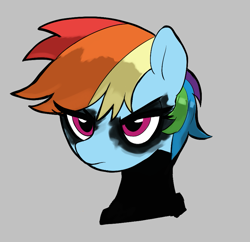 Size: 861x834 | Tagged: safe, artist:_ton618_, rainbow dash, pegasus, pony, aggie.io, alternate hairstyle, batman, clothes, costume, female, frown, gray background, mare, simple background, solo, suit