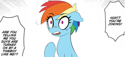 Size: 1575x727 | Tagged: safe, rainbow dash, pegasus, pony, g4, bronybait, cute, dashabetes, dialogue, drawthread, female, mare, meme, open mouth, ponified meme, requested art, solo, surprised, tomboy