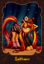 Size: 1668x2388 | Tagged: safe, artist:setharu, sunset shimmer, pony, unicorn, g4, clothes, collaboration, cosplay, costume, crossover, drapes, ear fluff, eyebrows, eyebrows visible through hair, eyelashes, female, floppy ears, genshin impact, hat, horn, hu tao (genshin impact), mare, princess celestia's cutie mark, signature, socks, solo, sunset cosplay flashmob, tail, tongue out