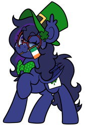 Size: 3378x5000 | Tagged: safe, artist:partypievt, oc, oc only, oc:shadow twinkle, bat pony, pony, bowtie, clover, commission, covered cutie mark, flag, glasses, hat, irish flag, mouth hold, one eye closed, raised hoof, round glasses, simple background, solo, transparent background, ych result