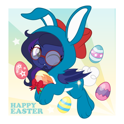 Size: 5000x5000 | Tagged: safe, artist:jhayarr23, oc, oc:shadow twinkle, bat pony, pony, animal costume, bow, bunny costume, clothes, commission, costume, easter, glasses, holiday, one eye closed, round glasses, solo, ych result