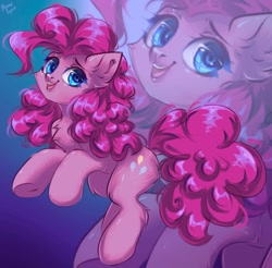 Size: 1458x1436 | Tagged: dead source, safe, artist:mysha, pinkie pie, earth pony, pony, g4, abstract background, chest fluff, cute, diapinkes, ear fluff, female, looking at you, mare, smiling, smiling at you, solo, zoom layer