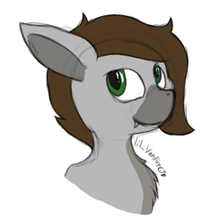 Size: 1058x1082 | Tagged: safe, artist:lil_vampirecj, oc, oc:cj vampire, earth pony, pony, art, artwork, brown mane, bust, colored, colored sketch, digital art, ears back, fangs, green eyes, grey fur, krita, looking at you, photo, portrait, sketch, smiling, smiling at you, solo