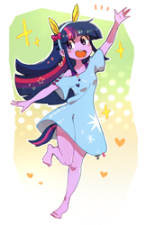 Size: 1544x2380 | Tagged: safe, artist:fuyugi, twilight sparkle, equestria girls, g4, barefoot, breasts, bunny ears, clothes, cute, dress, ear piercing, earring, feet, jewelry, open mouth, piercing, small breasts, solo, standing, standing on one leg, tail, tailed humanization, twiabetes