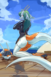Size: 3587x5425 | Tagged: safe, artist:龙宠, oc, oc only, oc:shanher, dragon, seal, anthro, absurd resolution, ass, big breasts, bondage, breasts, butt, clothes, dragoness, female, floppy ears, kneeling, latex, latex suit, looking at you, looking back, looking back at you, rear view, scuba gear, shackles, solo, wetsuit