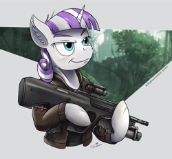 Size: 1920x1772 | Tagged: safe, artist:buckweiser, twilight velvet, pony, unicorn, series:daring did tales of an adventurer's companion, g4, assault rifle, badass, clothes, commission, grenade launcher, gun, jacket, leather jacket, rifle, scar, smiling, smirk, solo, steyr aug, steyr aug a3, weapon, ych result