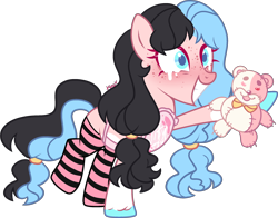 Size: 2514x1971 | Tagged: safe, artist:kurosawakuro, oc, earth pony, pony, apron, clothes, female, mare, plushie, simple background, socks, solo, striped socks, teddy bear, transparent background