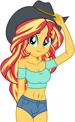 Size: 1024x1674 | Tagged: safe, artist:emeraldblast63, artist:zoxriver503, sunset shimmer, equestria girls, g4, breasts, clothes, cowboy hat, cowgirl, female, hat, shirt, shorts, simple background, solo, transparent background