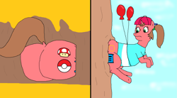 Size: 1609x886 | Tagged: safe, artist:goofermutt, artist:red-supernova64, oc, oc:nintendy, balloon, butt, food, honey, nintendo, plot, stuck, the ass was fat