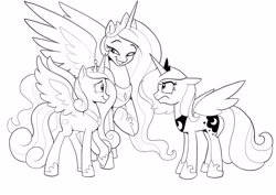 Size: 4093x2894 | Tagged: safe, artist:lummh, princess cadance, princess celestia, princess luna, alicorn, pony, g4, black and white, female, glare, grayscale, horn, jewelry, looking at each other, looking at someone, monochrome, raised hoof, regalia, scowl, sketch, smiling, spread wings, wings