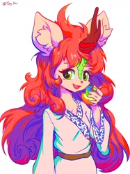 Size: 967x1290 | Tagged: safe, artist:tinybenz, autumn blaze, kirin, anthro, apple, clothes, cute, cute little fangs, ear fluff, fangs, food, hanfu, looking at you, robe, simple background, solo, white background, zap apple